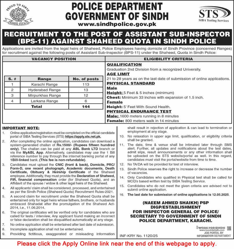  Recruitment for Assistant Sub-Inspector (BPS-11) - Sindh Police Shaheed Quota 2025