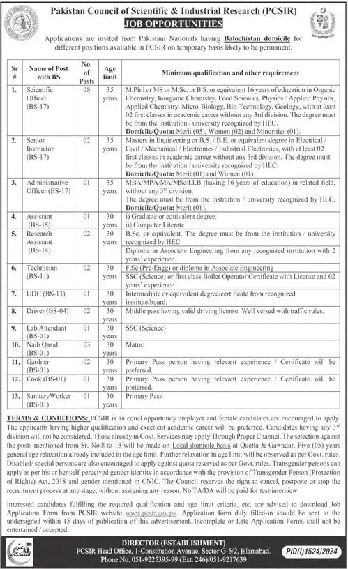  PCSIR Jobs 2024 Pakistan Council of Scientific & Industrial Research| pcsir.gov.pk