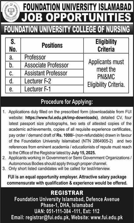  Faculty Positions at Foundation University College of Nursing – Apply Now