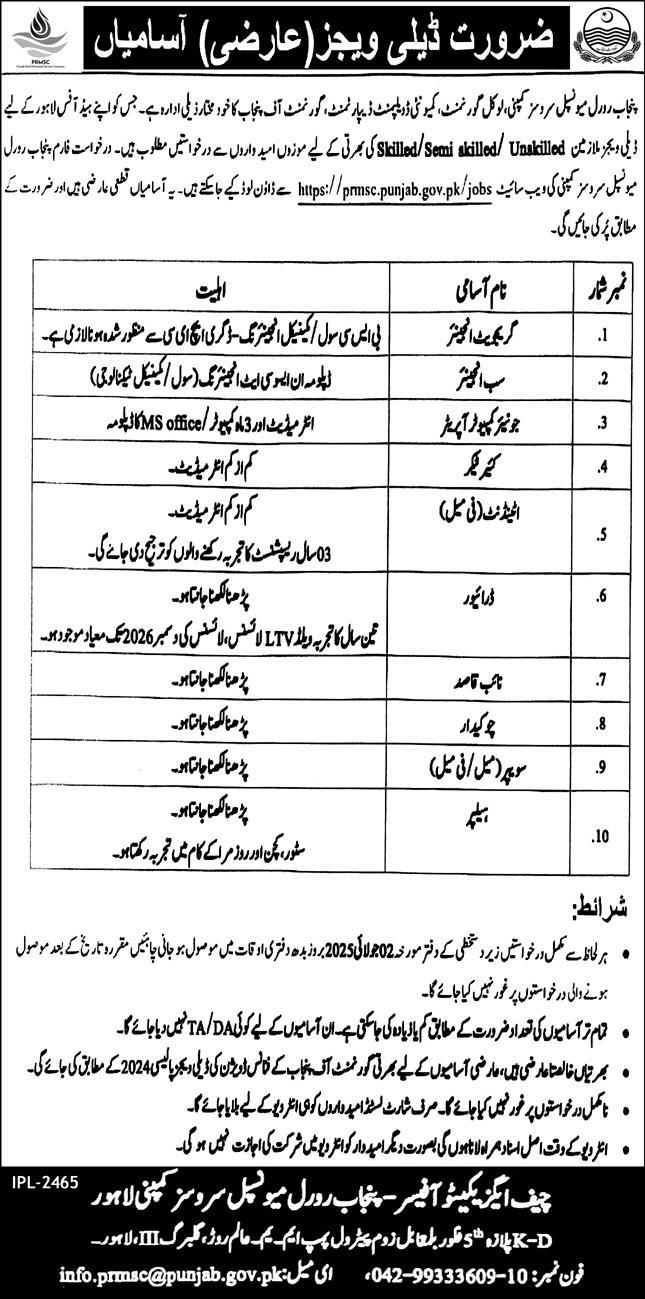  Latest Punjab Rural Municipal Services Company Human Resource jobs