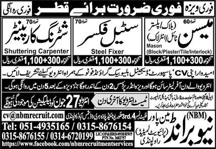  Urgent Hiring for Shuttering Carpenter, Steel Fixer, and Mason Jobs in Qatar