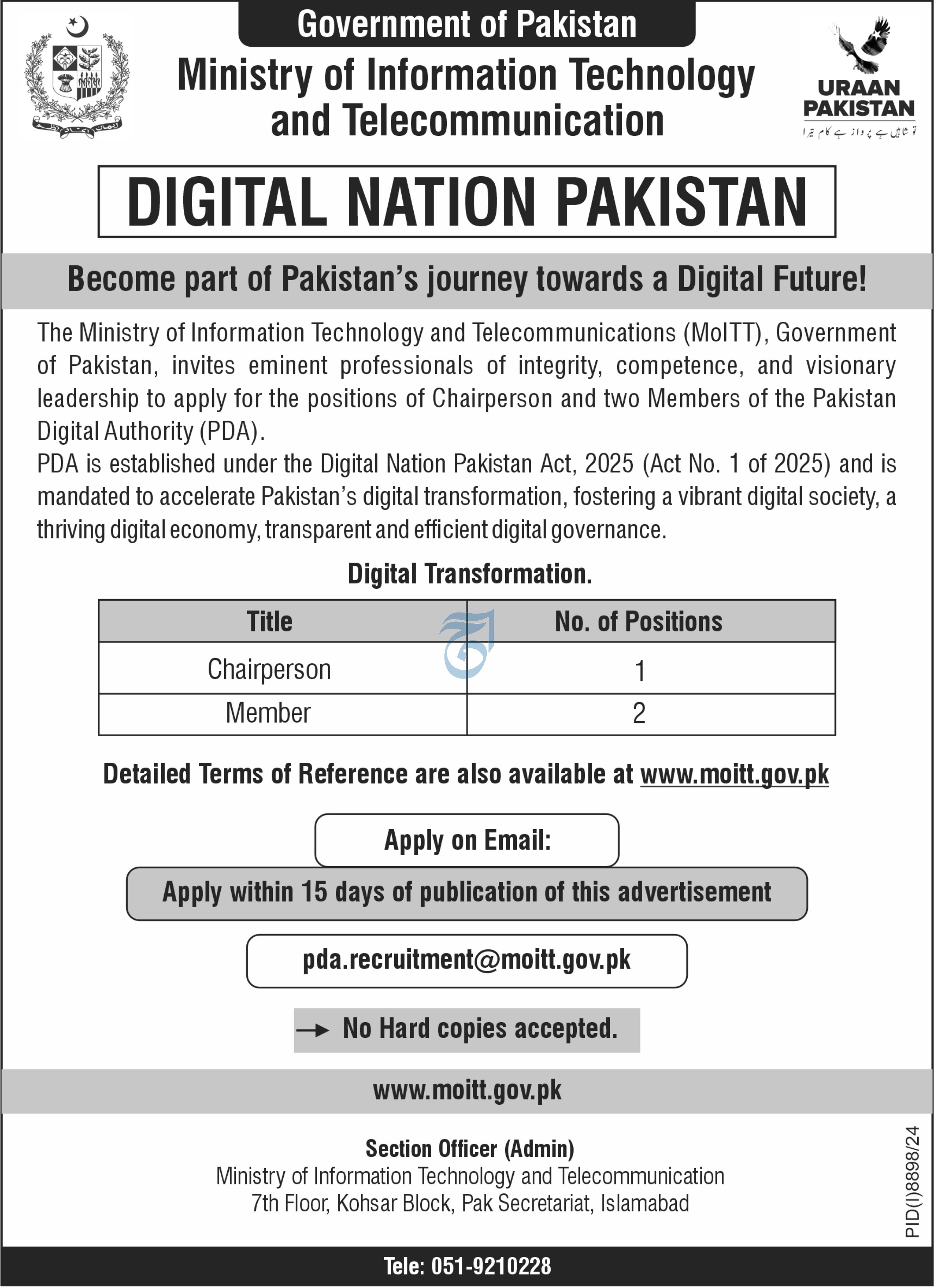  Chairperson and Member Positions at Pakistan Digital Authority – MoITT Jobs 2025