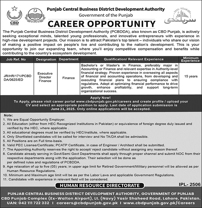  Career Opportunity: Executive Director Finance at Punjab CBD Authority