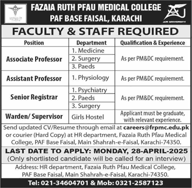  latest jobs in Fazaia Ruth PFAU Medical College Karachi Jobs 2025 April Teaching Faculty & Warden PAF Base Faisal 