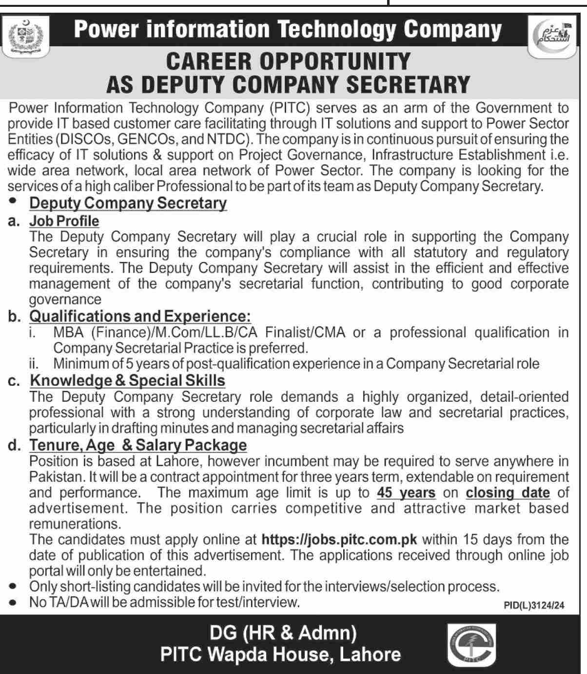  Deputy Company Secretary Job Opportunity at PITC Lahore - Apply online