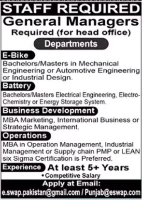  General Manager Jobs 2025 - E-Bike, Battery, Business Development & Operations