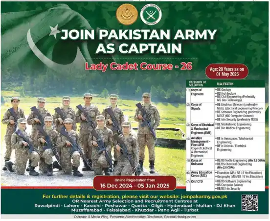  Pak Army Female Captain Jobs 2025 Via Lady Cadet Course LCC-26