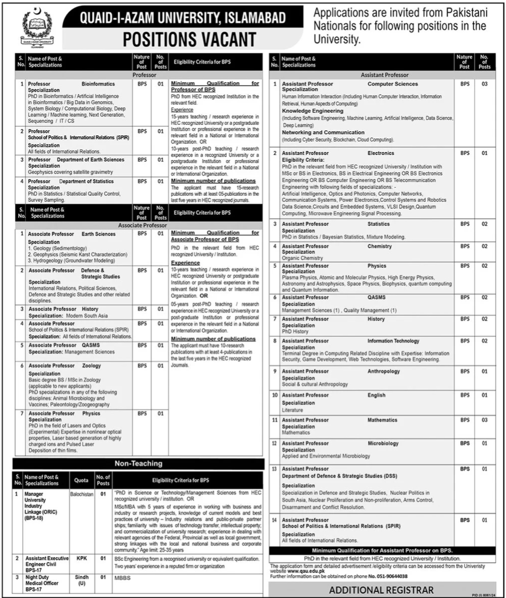  Quaid-e-Azam University Islamabad Jobs Openings 2025 – Apply online