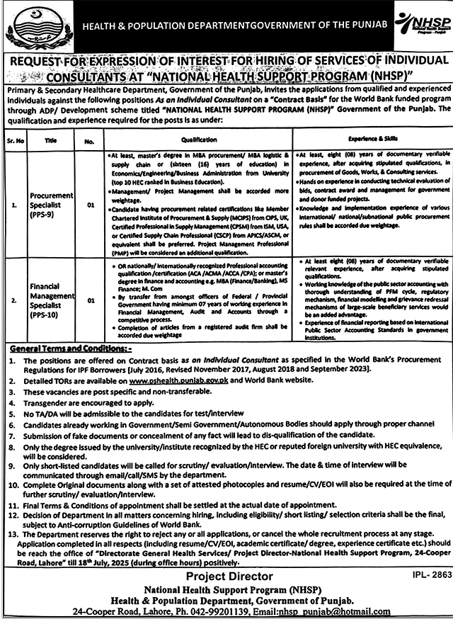  Procurement and Financial Management Specialist Jobs – National Health Support Program Punjab
