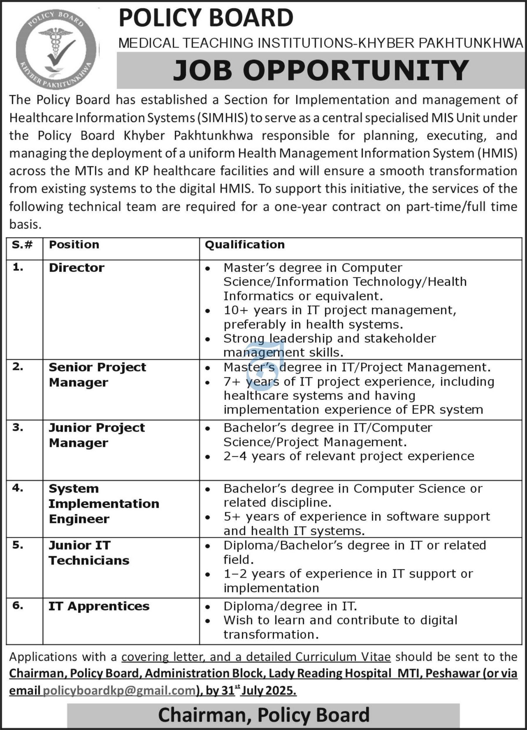  Job Opportunities in Healthcare IT Systems - Policy Board KPK