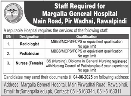  Job Openings at Margalla General Hospital, Rawalpindi – Apply online