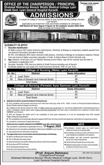  BSN Nursing Admissions 2025 – Shaheed Mohtarma Benazir Bhutto Medical College Lyari Karachi