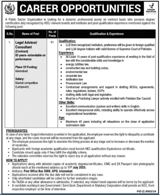  Legal Advisor/Consultant Job Opportunity in Islamabad – Apply Now!