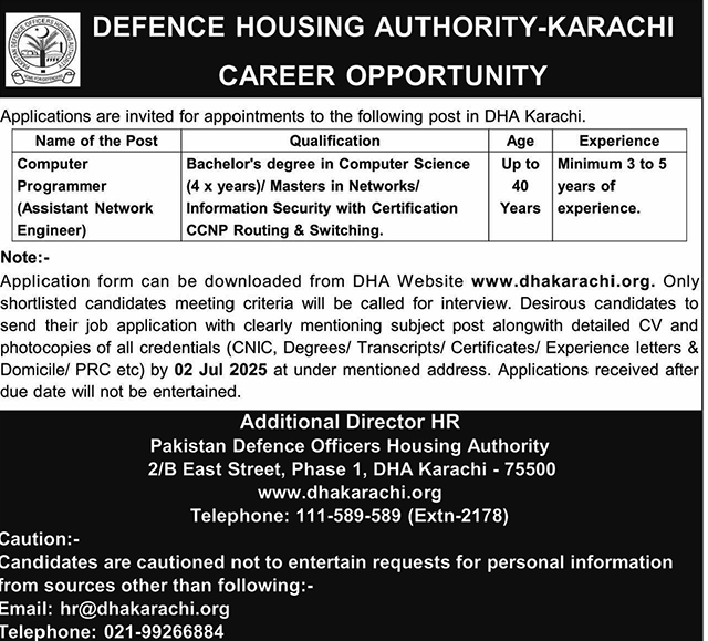  DHA Karachi Jobs 2025 - Computer Programmer/Network Engineer Opportunity