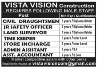  Vista Vision Construction Rawalpindi Jobs 2025