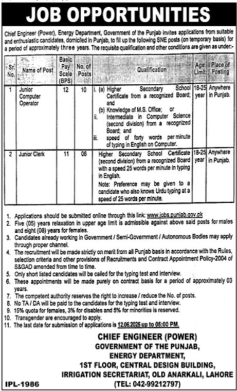  Government of Punjab Energy Department Jobs 2025 – Apply online