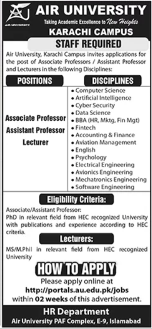  Faculty Positions Available at Air University Karachi Campus – Apply Now
