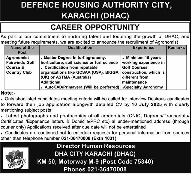   Agronomist Job Opportunity at DHA City Karachi - Fairwinds Golf Course 2025