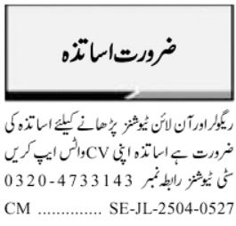  Jang Sunday Classified Ads 20 April 2025 For Teaching Staff