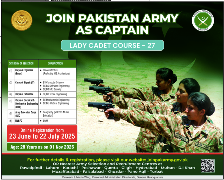  Join Pakistan Army as Captain – Lady Cadet Course 27 (LCC-27) | Registration Open 2025