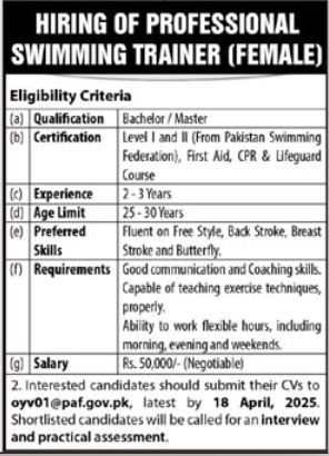  Pakistan Air Force PAF Jobs 2025 For Swimming Trainer